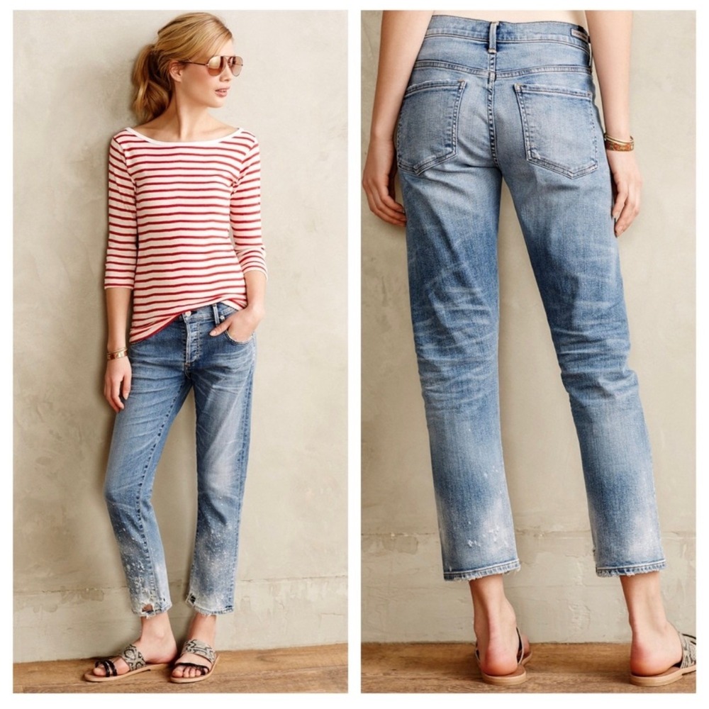 Citizens of Humanity Emerson Slim Boyfriend Jeans Splattered Blue 27 Bleach